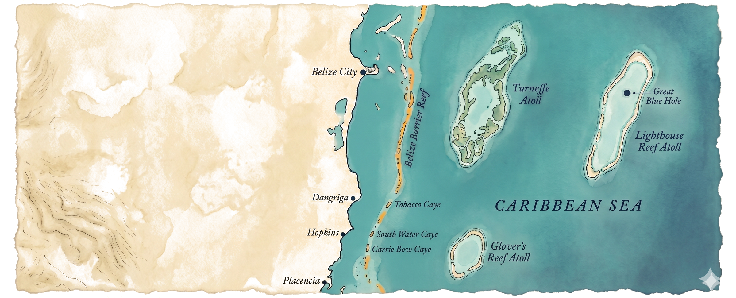 Hand-painted watercolor map of Belize coast and Caribbean Sea — Belize Barrier Reef, Tobacco Caye, South Water Caye, Carrie Bow Caye, Turneffe Atoll, Lighthouse Reef Atoll with Great Blue Hole, and Glover's Reef Atoll