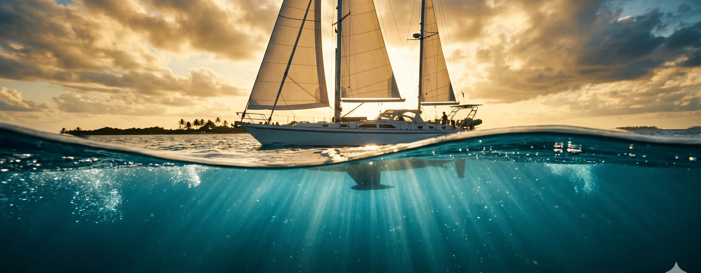 AMEL 54 ketch sailing in Belize Barrier Reef — split-level over-under photograph