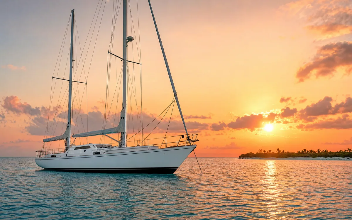 White Amel 54 sailing yacht anchored at sunset off the coast of Belize