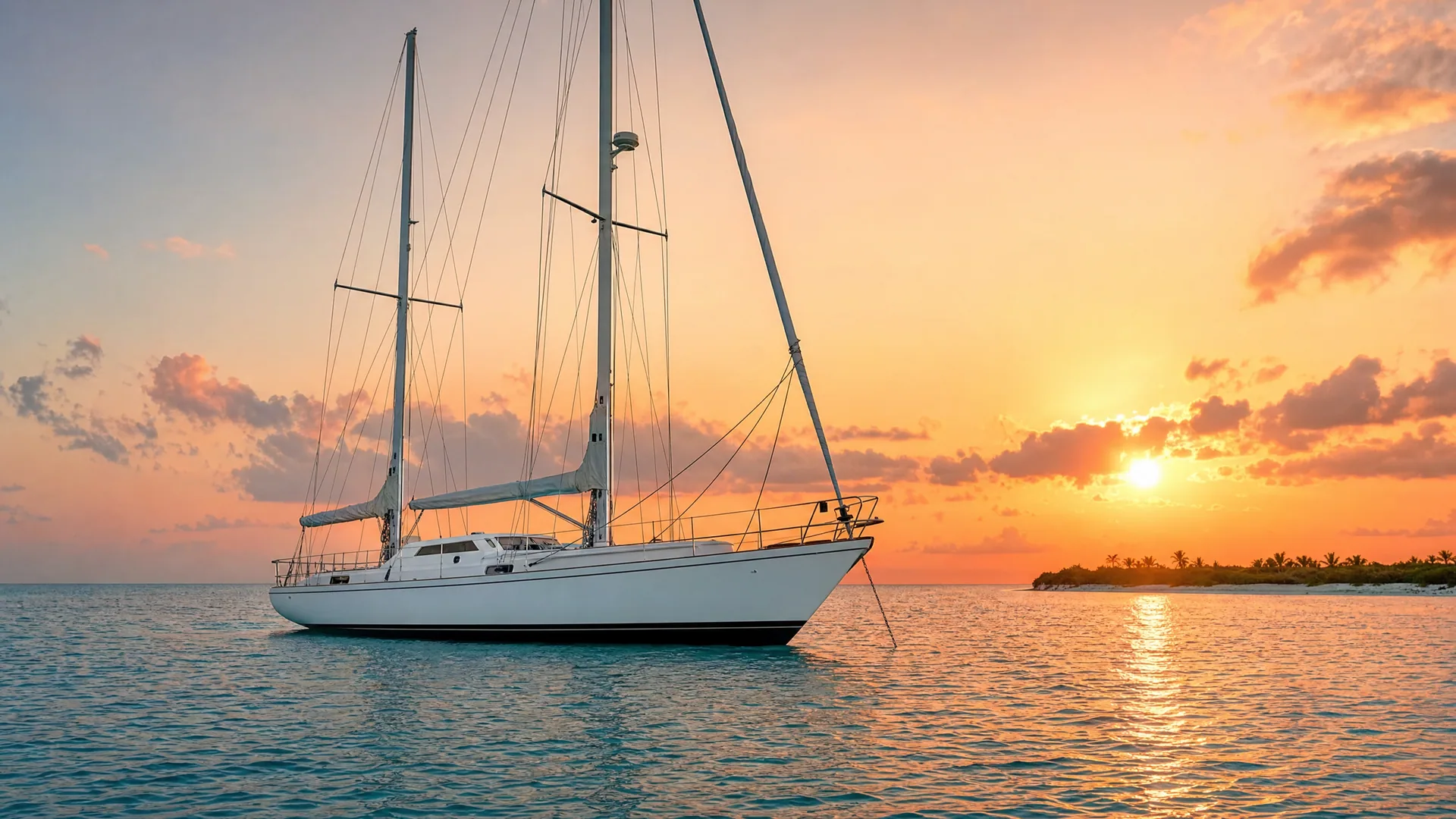 White Amel 54 sailing yacht anchored at sunset off the coast of Belize