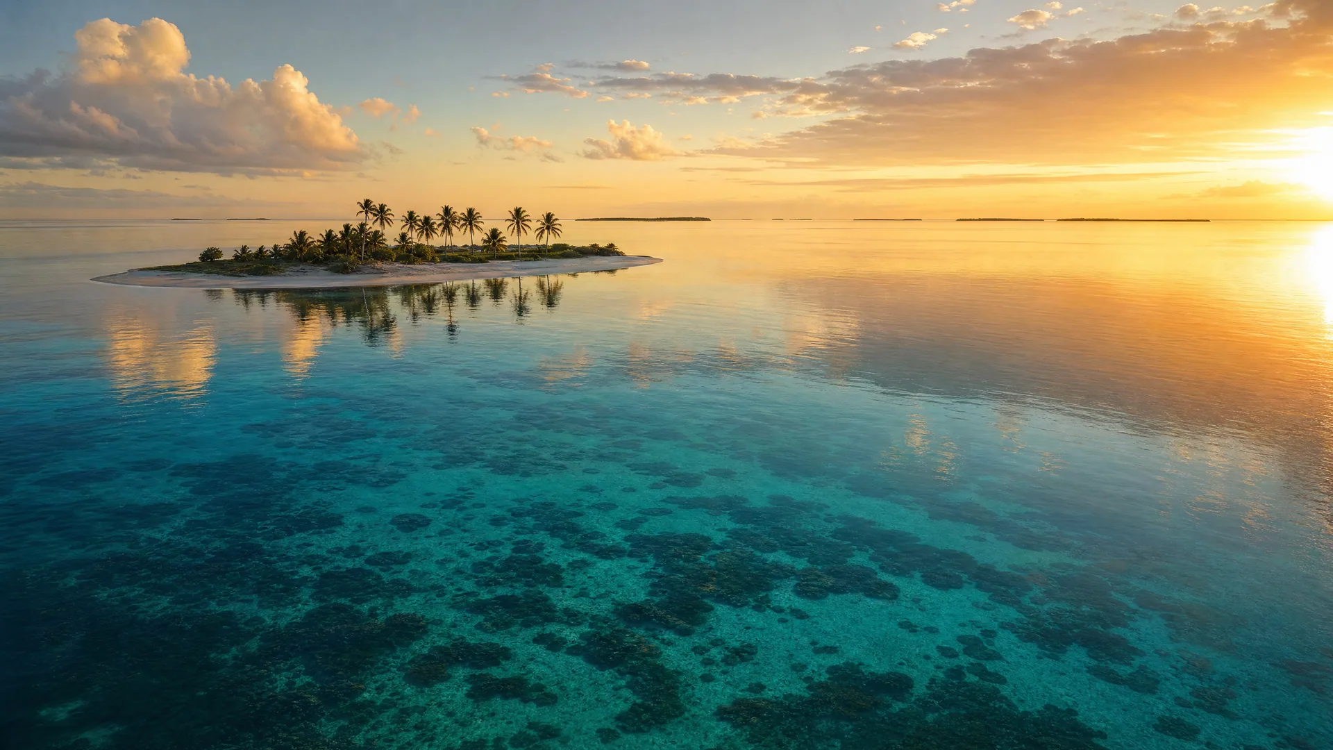 Calm Belize bay at sunset with a small palm-fringed caye