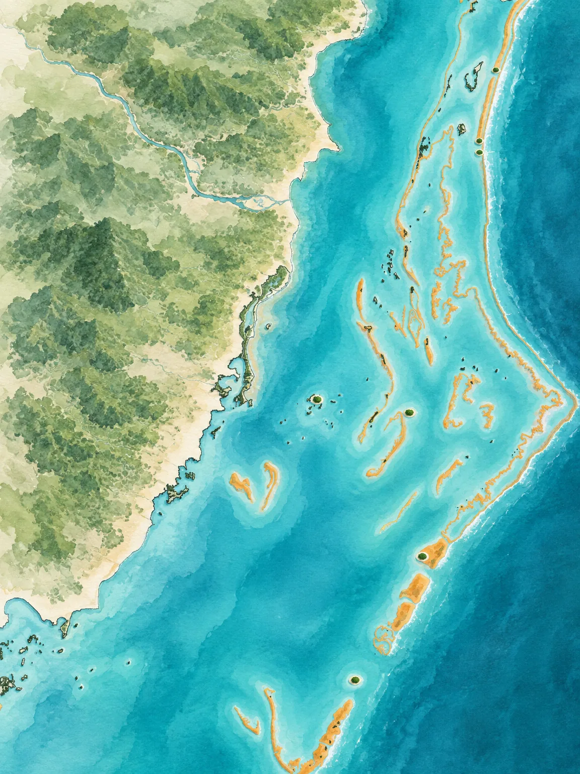 Watercolor-style map of southern Belize: the coast from Hopkins down to Placencia and the cayes offshore along the Belize Barrier Reef